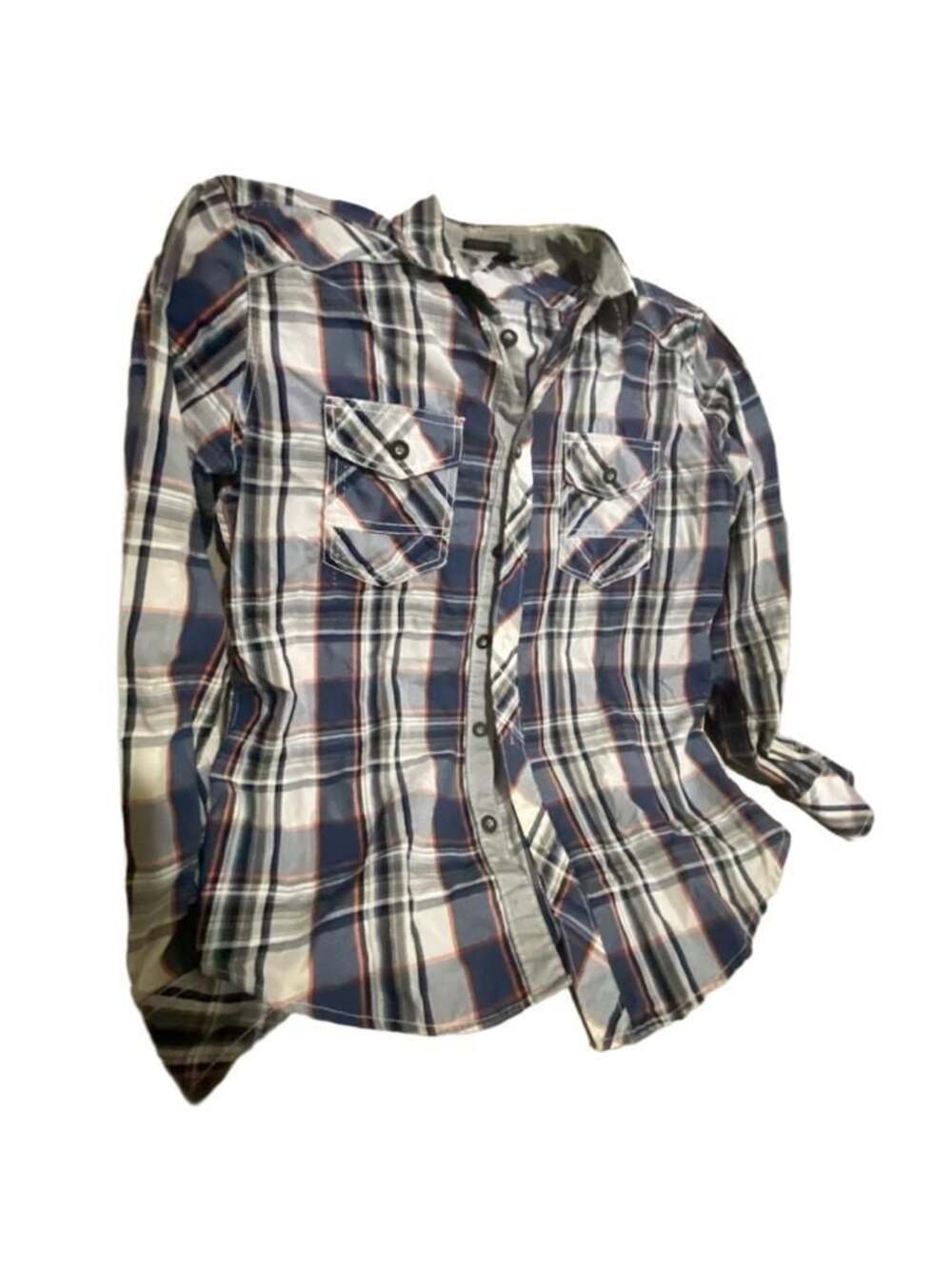 Helix Men's Blue, White, and Orange Plaid Long Sleeve Athletic Fit Button Up Shi